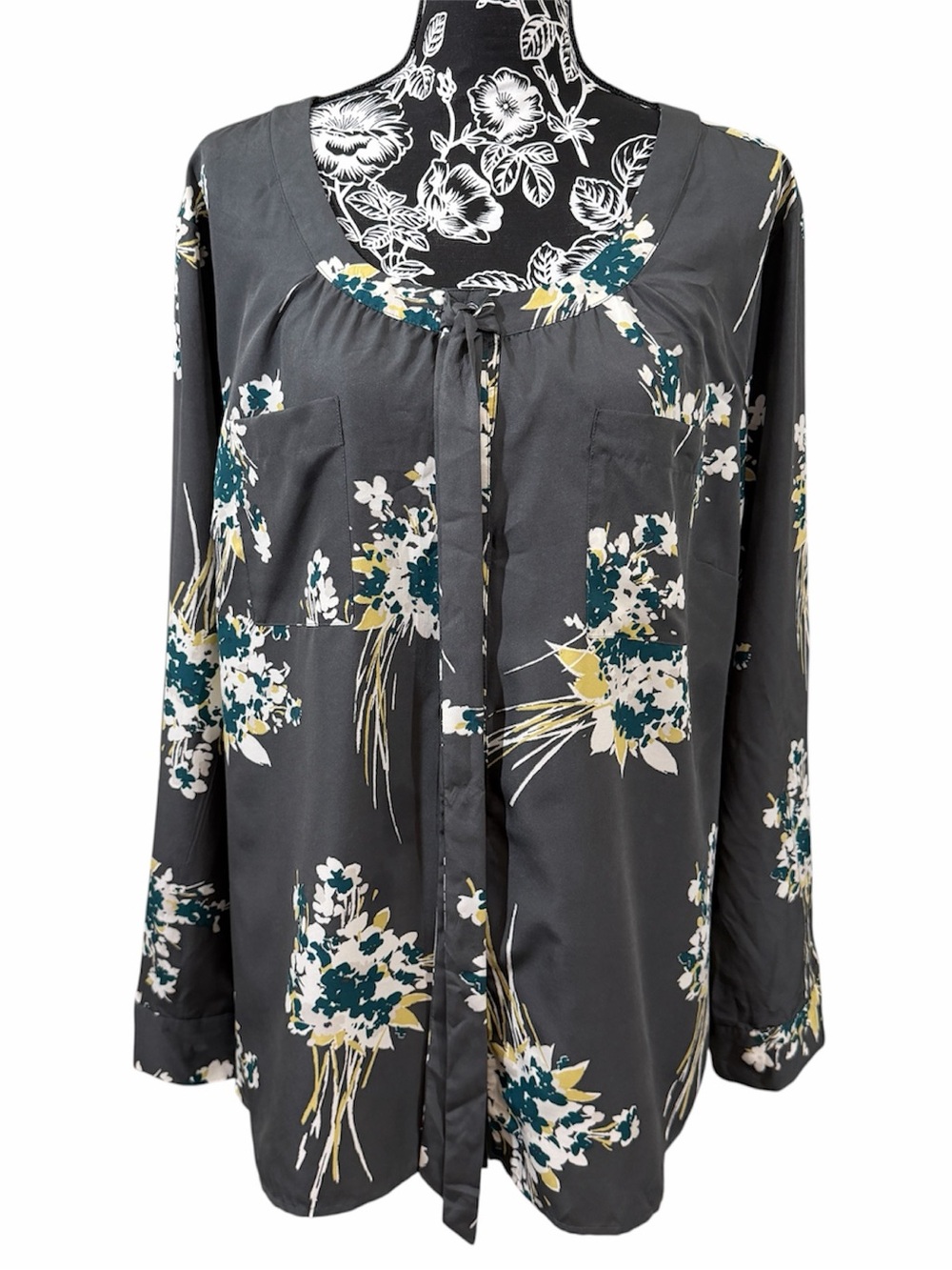 Van Heusen Charcoal Blouse with Yellow & Cream Floral Accents‎